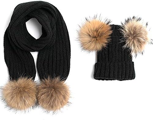 Baby Winter Knit Skull Cap Double Pom Cap Kids Beanie Hat with Warm Scarf for Toddler Infant Girls and Boys