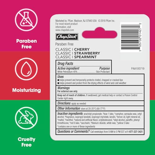 ChapStick Lip Care Set, Classic Collection 3-Pack – Spearmint, Cherry, and Strawberry Lip Balm, 0.15 Ea