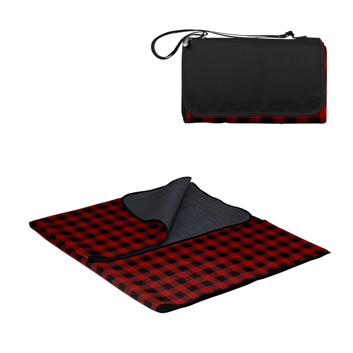 PICNIC TIME Outdoor Picnic Blanket Tote, 59"x51" Foldable Beach & Camping Blanket with Soft Fleece, Water-Resistant Bottom, Adjustable Strap & Zippered Pocket (Red & Black Buffalo Plaid)