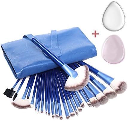 Makeup Brushes Kit, kazora 24 pcs Pro Makeup Brushes Set Powder Foundation Eyeshadow Eyeliner Lip Brush Cosmetic Brush Kits (Blue) + 2pcs Silicone Sponge Puffs