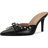 DOEYG Women Pointed Toe Bow Heels Mules Slip on Stiletto Heels Sandals Dress Party Wedding Studded Heels Pumps