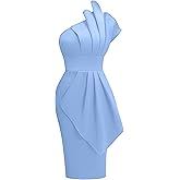 Memoriesea Women's Elegant One Shoulder Pleated Detail Bodycon Party Club Midi Dress