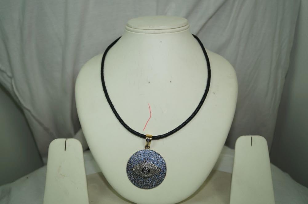 victorian style 1.60cts pave diamonds blue sapphire sterling silver evil eye pendant leather silver necklace with diamond lock