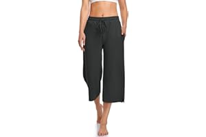 UEU Womens Capri Yoga Pants Summer Wide Leg Loose Casual Cropped Lounge Drawstring Pajama Capris Sweatpants with Pockets