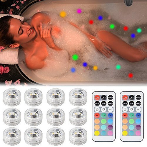 Sxstar 12pcs Submersible LED Lights,Waterproof Underwater Lights,Battery Powered RGB Colour Changing Tea Lights with IR Remote Control for vase, bowls, aquarium and party decoration