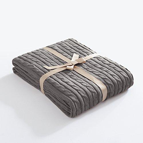 FBTS Basic Knitted Throw Blanket 51 x 67 Inch Grey Pure Cotton Cable Extra Soft for Couch Sofa Bed
