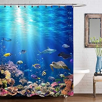 MitoVilla 3D Ocean Nature Scenic Shower Curtain Set with Hooks, Tropical Fish, Sea Turtle, Shark in Coral Reef Undderwater Bathroom Decor for Baby Kids, Teen Children, Animal Lovers Gifts, Blue, 72x72