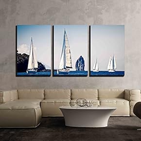 Sailing Ship Yachts with White Sails x3 Panels