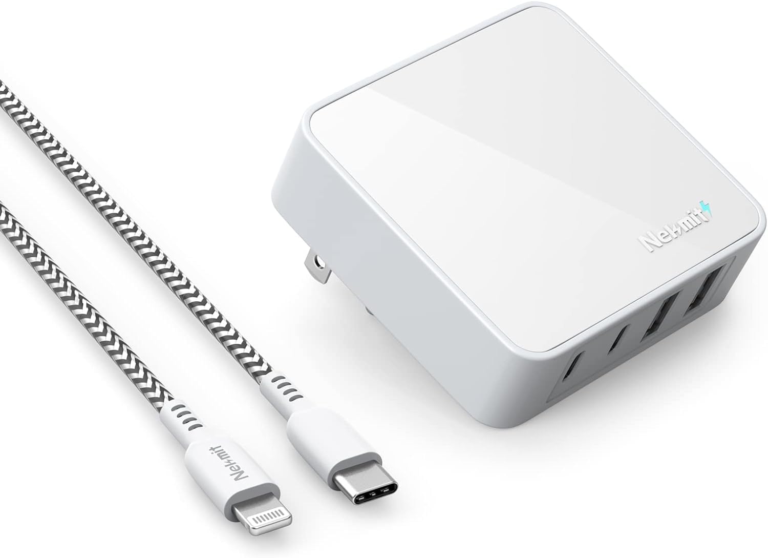 Nekmit USB C Charger, 52W 4-Port Thin Flat Fast Wall Charger Type-C Charging Station with Two 20W PD 3.0 and 2 USB Ports for iPhone 14/14 Pro/14 Pro Max, iPad Pro, Android and More (White(with cable))