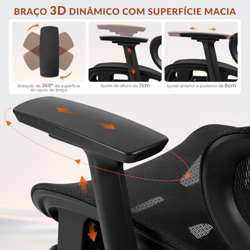 Cadeira Ergonomica,Cadeira Escritorio FivDaily L780, Giratória Reclinável 145°, Encosto Elevável Ajustável, Lombar Flutuante, Cabeça 8D, Braços 5D, Base Aço, Apoio para Pés para Home Office (Preto)