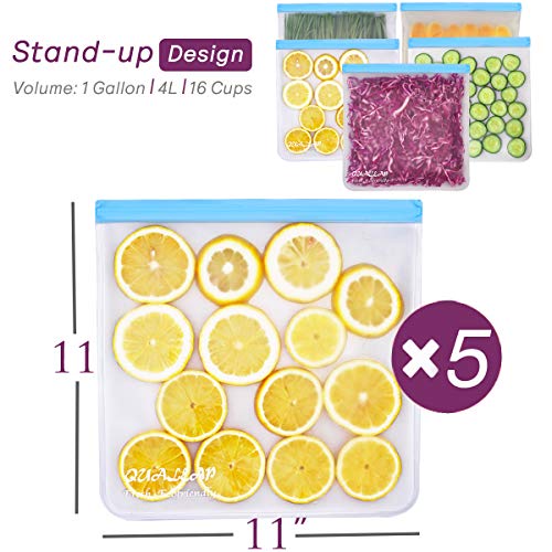 Reusable Gallon Freezer Bags (1 Gallon, Set of 5) - Leakproof Ziplock Reusable Storage Bags for Sandwich, Snack, Meat, Vegetables, Fruit etc.