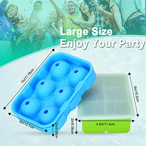 Ice Cube Trays, Ice Cube Tray with Lid, Large Silicone Ice Cube Tray, Ice Ball Mould & Funnel, Whiskey Ice Ball Maker Ice Clip, Easy to Release Spill-Resistant, Food Grade Materials, Blue/Green