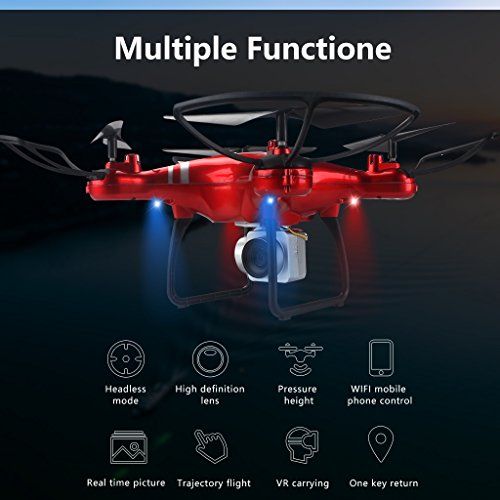 Jujuism 4CH 2.4G Remote Control Quadcopter 720P HD Camera Live Video 120° Wide-angle 6-Axis Gyro Systrm Headless Drone RTF One Key Return Function Red