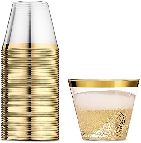 Gold Plastic Cups For Parties 9 Oz, Auscoop 100 Pack Old Fashioned Fancy Disposable Tumblers Clear With Golden Rimmed For Party, Occasions, Weddings, Holiday