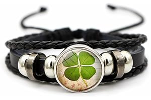 OIDIMS Four Leaf Clover Bracelet for Women Men Irish Shamrock St Patricks Charm Beaded Adjustable Bangle Woven Leather Braided Inspired Couple Bracelets Promise Jewelry Gifts St. Patrick's Day