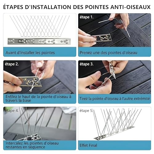 KOKMEYA Stainless Steel Anti Pigeon Spikes (5 m, 20 pcs to 25 cm) - Bird Repellent Kit 304 with 40 Screws & 40 Collars - for Balcony, Gutter, Roof & Window - Against Crows