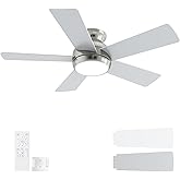 POCHFAN 42 Inch Brushed Nickel Ceiling Fans with Lights and Remote, LED Low Profile Flush Mount Ceiling Fan for Bedroom, Living Room, Patio, Quiet DC Motor, 5 Blades
