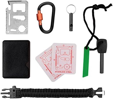 Outdoor Survival Kits Multifunction Card Whistle Fire Starter Carabiner Paracord 5 in 1 Emergency Pocket Tool -HEYFIT Camping Hiking Mountaineering Signaling Professional Wild Survival Kits