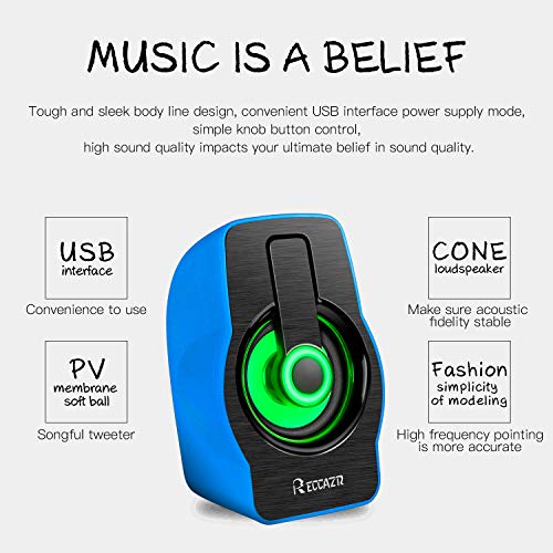 Night Light Computer Speakers,Reccazr 2070 USB-Powered PC Multimedia External Speakers with 7 colors Breathing Lighting |Blue