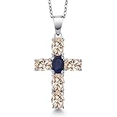 Gem Stone King 925 Sterling Silver Peach Morganite and Blue Sapphire Cross Pendant Necklace for Women | 3.06 Cttw | Gemstone October Birthstone | Oval 6X4MM | With 18 Inch Chain