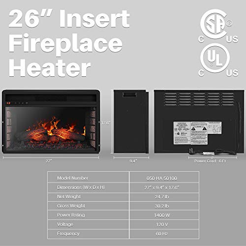 Della 3DInfrared Electric Fireplace Insert 26-inch with Remote Control (Black) Portable Indoor Space Heater - 1400W with Long Glass View, Overheating Safety Protection