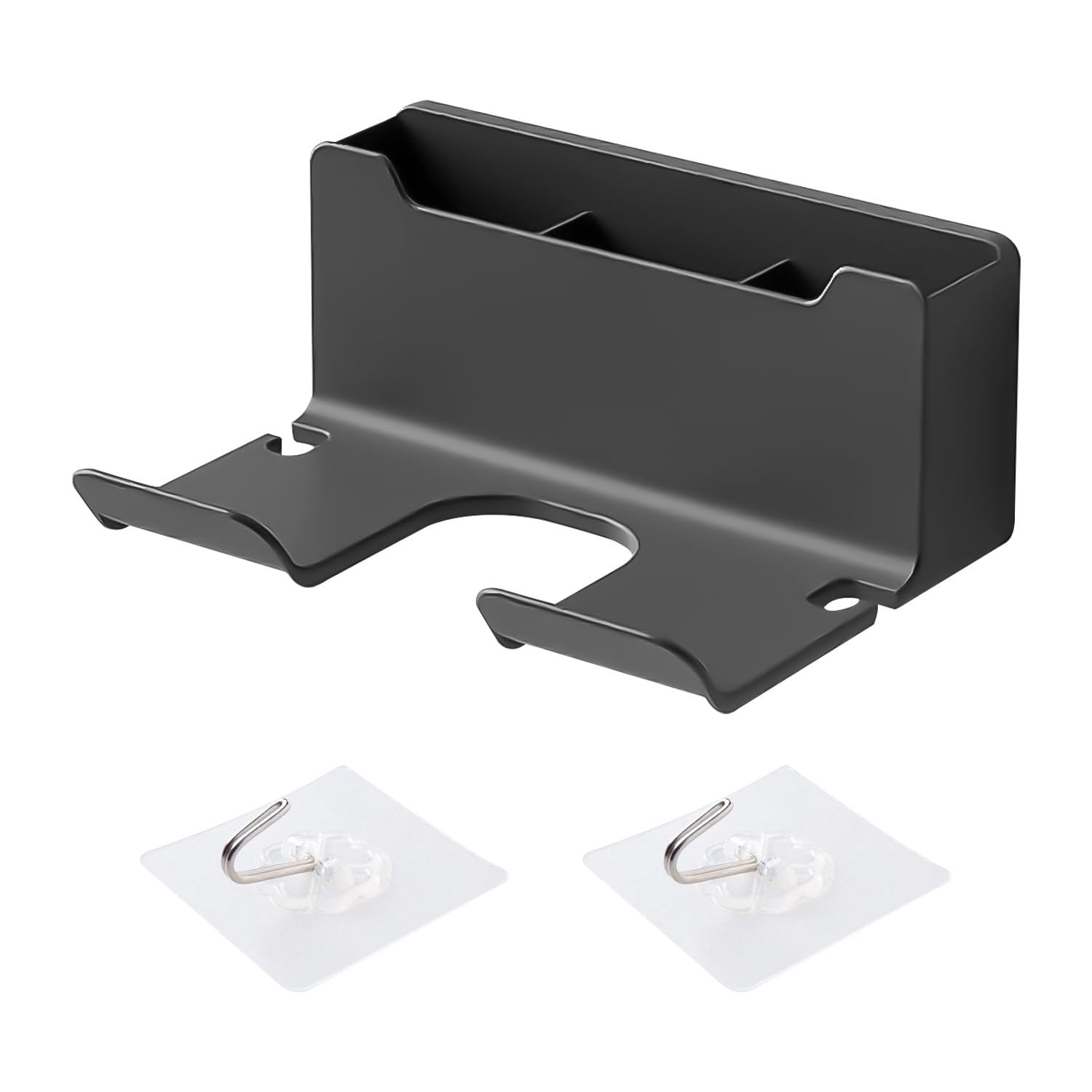 MAXQUU 1 piece hair dryer holder with 2 pieces clear hooks, hair dryer holder for no drilling installation, bathroom hair dryer holder, bathroom wall hanging decoration (black)