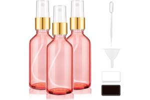 Tecohouse Glass Spray Bottles for Essential Oils, 4 oz Small Empty Refillable Sprayer Container with Golden Top, Labels, Funnel, Lids, Pipettes - Pocket Size 3 Pack - Pink