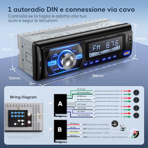 RDS Bluetooth 5.0 Car Radio with Handsfree, Wistrue Car Stereo Bluetooth with 2 USB/AUX/SD,1 DIN Car Radio Supports MP3/WMA/WAV Player, Compatible with iOS and Android