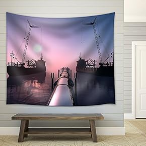 Construction of The Pipeline into The Sea. - Fabric Wall Tapestry Home Decor - 51x60 inches