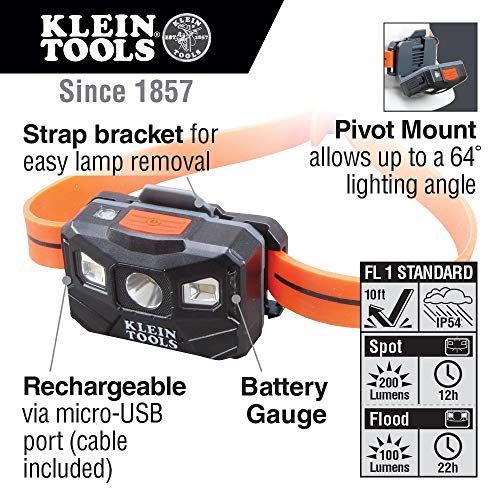 Klein Tools 56034 LED Head Lamp, Rechargeable Spot Lamp and Flood Light