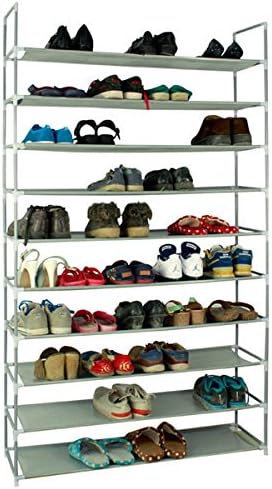 LEADZM 10 Tiers Shoe Rack Space Saving Shoe Shelf, Shoe Collecting Organizer, Non-woven Fabric &amp; Metal Pipes Shoe Tower Cabinet with Handle, 50 Pairs (40 x 11 x 71) (L x W x H) Grey
