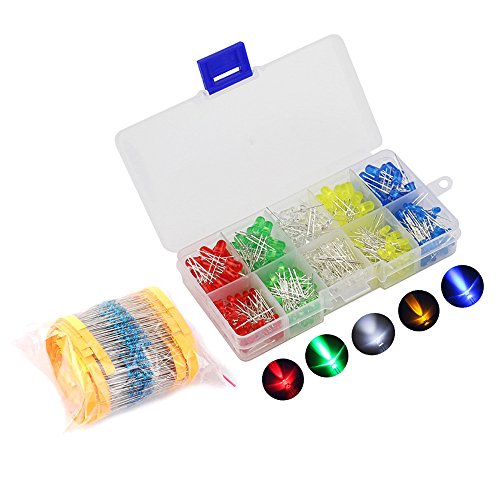 375pcs 3mm 5mm Colored LED Emitting Diodes Light Bulbs with 600pcs Metal Film Resistors Assortment kit