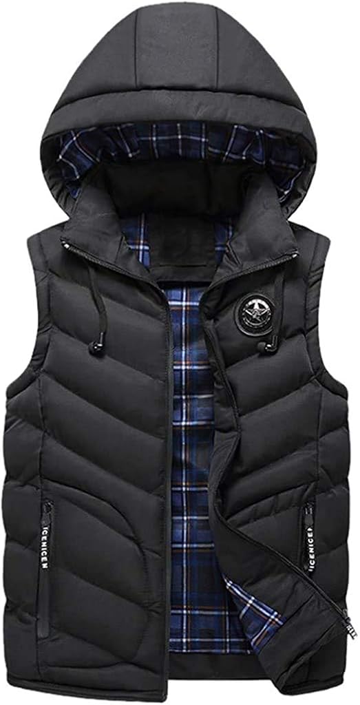 Men's Winter Hooded Padded Vest, Solid Color Lightweight Outwear Zipper