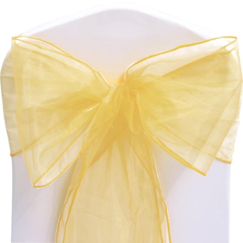 Time to Sparkle Pack of 50 Organza Sashes 22x280cm/9x110inch Wider Sash Fuller Bows Chair Cover Bows Sash for Wedding Party Birthday Decoration - Yellow Gold