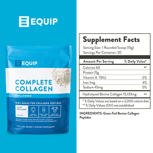 Equip Foods Complete Collagen 100 Grass Fed Hydrolyzed Collagen Peptides Powder with Amino