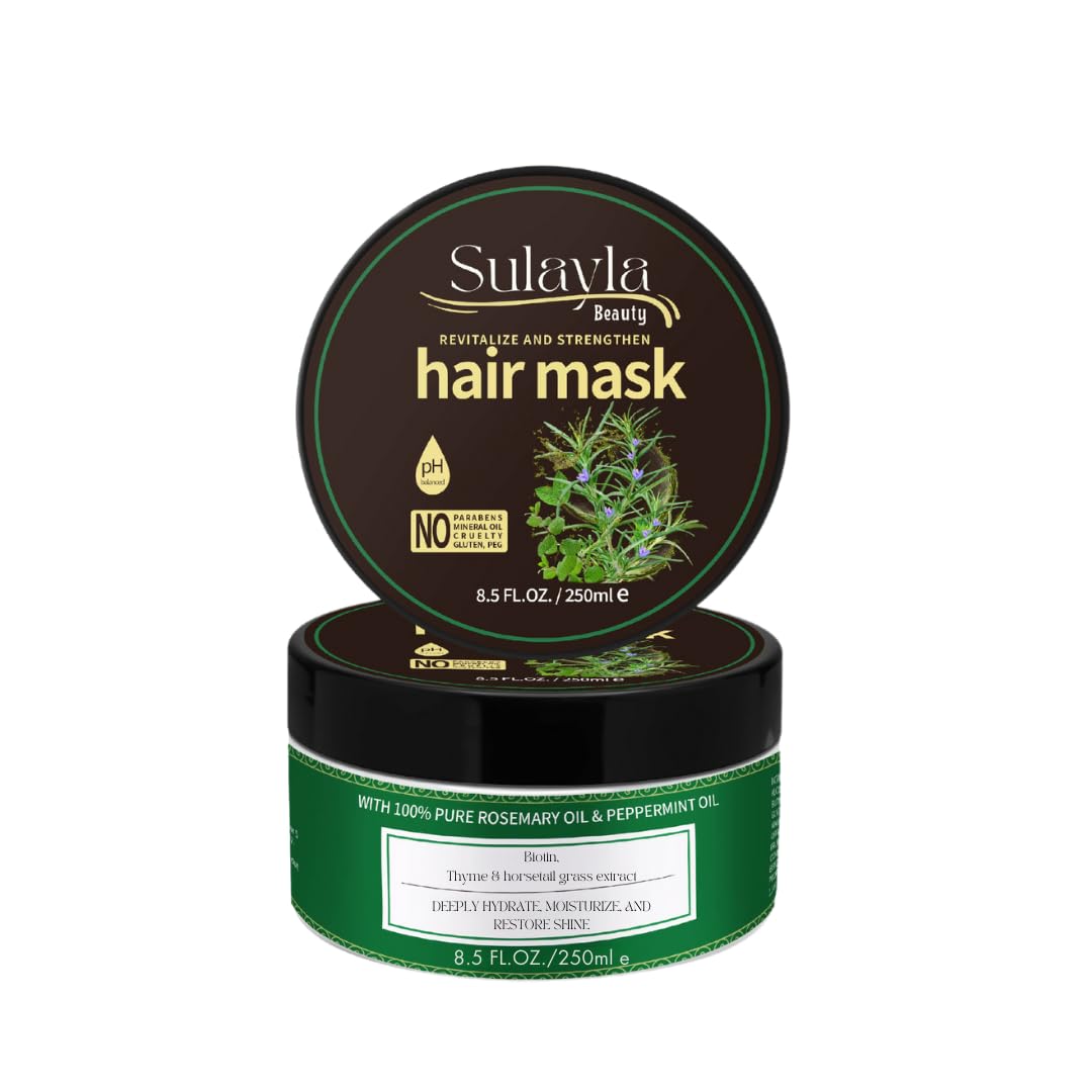 Sulayla Beauty Revitalize and Strengthen Hair Mask - Contains 100% Pure Rosemary and Peppermint Oil - with Biotin - Promotes hair growth - 250ml.