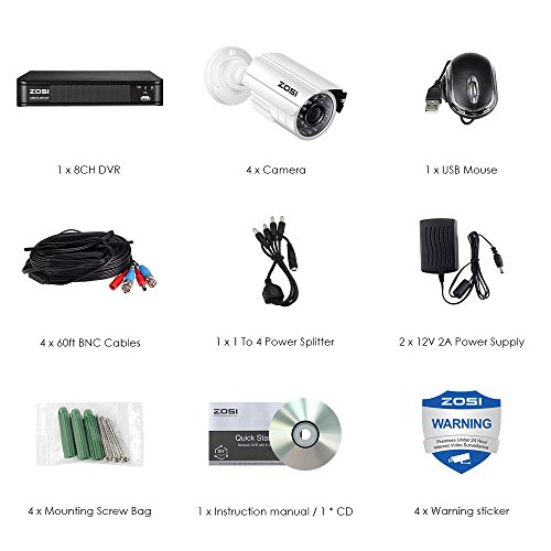 ZOSI 720p Security Camera System for Home, Security DVR 8 Channel with Hard Drive 1TB and 4 x (1280TVL) 720p Surveillance Camera Outdoor/Indoor, Customizable Record Modes and Motion Detection