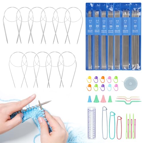 Katech Circular and Double Pointed Knitting Needles Set - 11 Pairs (31.5 Inch) and 35 Pcs (7.87 Inch) Round Metal Needles for Beginners (Stitches Won't Slip Off)