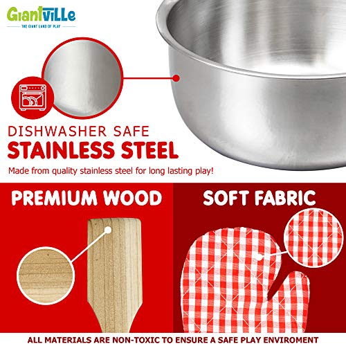 Giantville Toy Kitchen Play Set, 10 Piece Bundle - Stainless Steel Pots, Pans and Skillets, Wooden Spoons and Utensils, Pot Holders and Storage Caddy Rack - Thumbnail 3