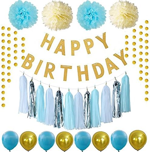 Langcal Birthday Party Decorations Perfect Party Kit with Happy Birthday Banner,10 Party Balloons,4 Paper Pom Poms,Tassels Garland,2 Gold Dot Paper Garland for Girls Boy Birthday Party (Sky blue)
