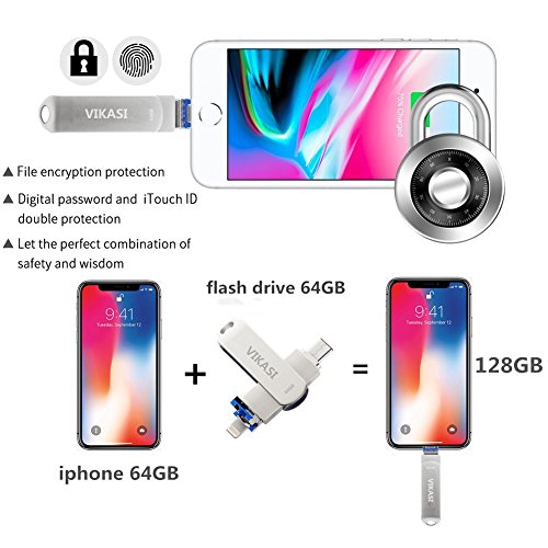 VIKASI USB Flash Drive for iPhone, USB 3.0 Memory Stick 64GB with iPhone Lightning Adapter, USB Type C Thumb Drive for iPhone X/iPad/iPod/Mac/Android/PC/iOS 3 in 1 (64GB) - Thumbnail 2