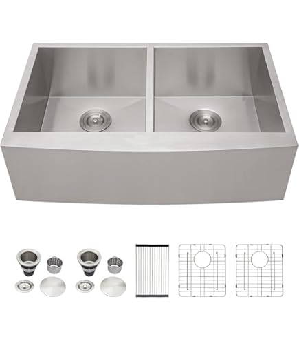 Staykiwi 33 In. Farmhouse/Apron-Front Single Bowl 16-Gauge Brushed Nickel Stainless Steel Kitchen Sink With Bottom Grids