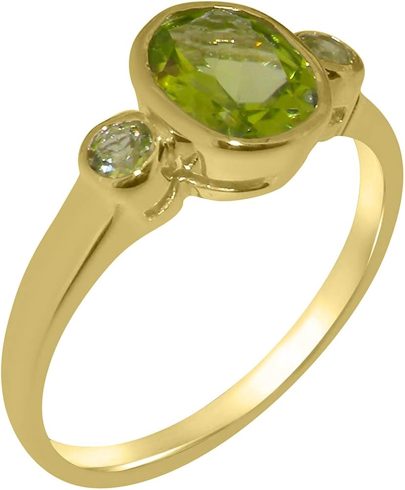 Solid 14ct Yellow Gold Natural Peridot Womens Trilogy Ring Sizes J to
