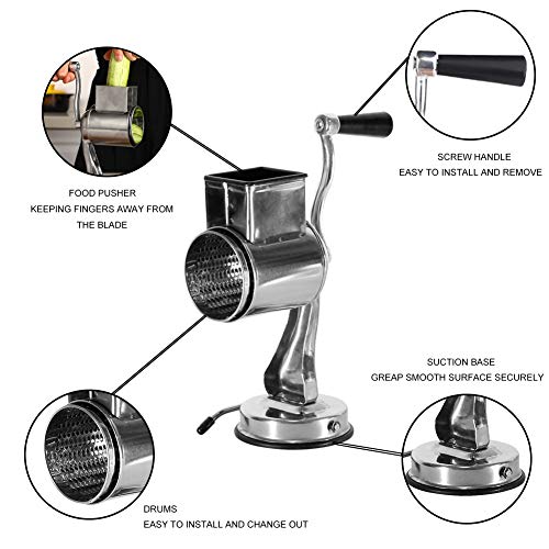 Rotary Cheese Grater, Manual Drum Grater with 2 Stainless Steel Drum