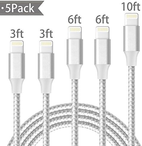 Lightning Cable,AOFU Charger Cables 5Pack 2x3FT 2x6FT 10FT to USB Syncing and Charging Cable Data Nylon Braided Cord Charger for iPhoneX/8Plus/8/7/7Plus/6/6Plus/6s/6s Plus/5/5s/5c and more-SilverWhite