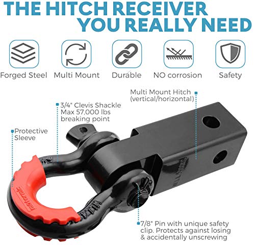 motormic Shackle Hitch Receiver 2" (35,000 lbs Max Capacity) with 3/4" D Ring and 7/8" Screw Pin Safety Ring - Includes 1 Black Bent Pin, 4 Rubber Washers and 1 Red Isolator