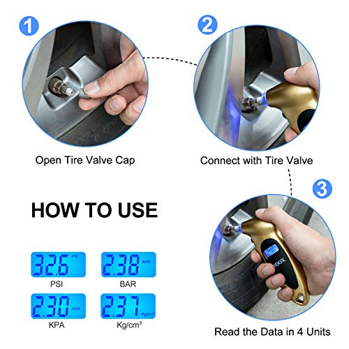 NOOX Accurate Digital Tire Pressure Gauge for Car Truck Motocycle Bicycle Jeep Sedan Limousine Wagon Tires 150 PSI - Gold - Thumbnail 2
