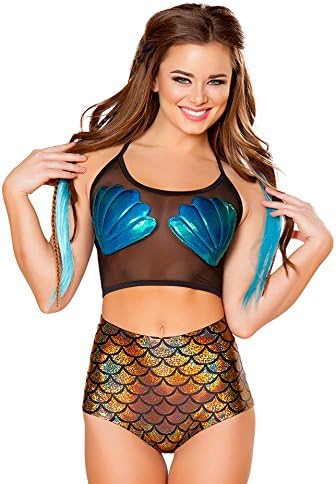 J-Valentine Blue Mermaid Shell mesh crop top Bundle with Rave Shorts