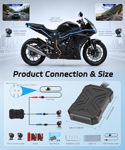 Rimoody Motorcycle Dashcam 1080P Miniaturized Front Rear Collision Detection Cycle Recording Parking Mode WiFi Motorcycle
