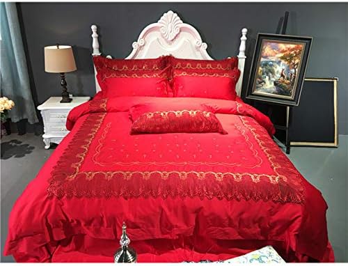 طقم سرير Qtta Golden Embroidery Luxury Bedding Set مقاس Queen King Stain Bed Set 4 7 Pcs قطن مصري أحمر ساطع غطاء سرير Amazon Ae